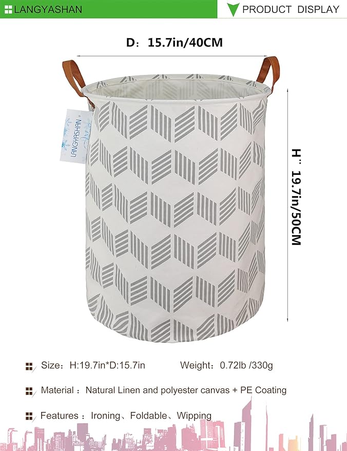 Round Laundry Basket Collapsible Storage Hamper Organizer Gery Wave | Waterproof Canvas Foldable Baskets with sturdy Handles Multi-scene Organizer for Home Play Bedroom Gift Bin