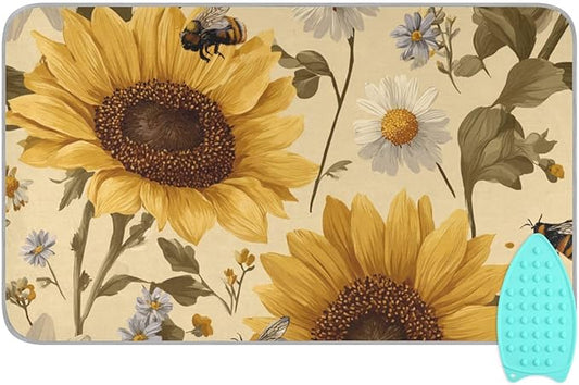 Ironing Mat Pad for Table Portable Travel Iron Blanket Ironing Board Covers Pressing Mat Heat Press Pads 27.6x47.2 Inches Beige Sunflowers and Daisy Bees32