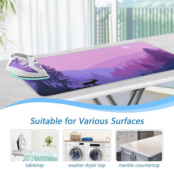 Purple Stag Mountains and Forest Ironing Mat Portable Ironing Pad Blanket with Silicone Iron Rest for Table Top Travel Heat Resistant Double-Side Using Large 47x28 Inch Foldable