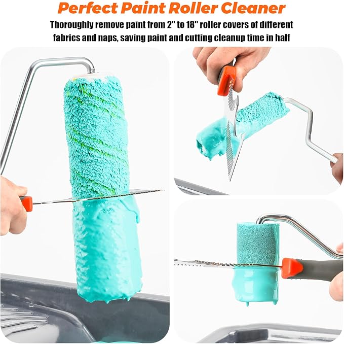 8-in-1 Paint Brush Comb and Paint Roller Cleaner Tool | Solvent-Resistant Stainless Steel Teeth, Easy Grip Rubber Handle, Putty Scraper, Small, Large Paintbrush & Roller Cleaning
