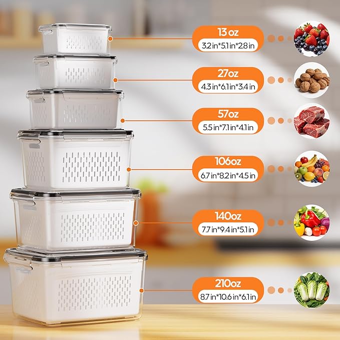 Fruit Storage Containers for Fridge - 6 Pack Produce Storage Containers with Removable Colander, Leakproof Refrigerator Fruit Organizers Keep Berry Veggie Salad Meat Fresh Longer, Largest 6.55 Quart
