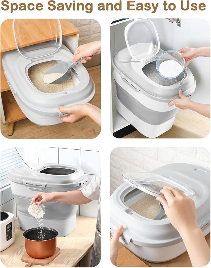 20-50 Lbs Airtight Food Storage Container Wheels,Collapsible Rice Container | Flour Storage Container with Double Airtight Seal,Rice Storage Container with Magnetic Lid,Keep Fresh for Pet Food,Rice,Flour
