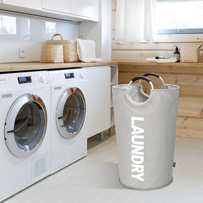 DOKEHOM 90L Large Laundry Basket Bag, Collapsible Tall Hamper, Grey | Freestanding tall washing bin & foldable laundry bag. High-capacity clothes storage basket with durable sturdy handles