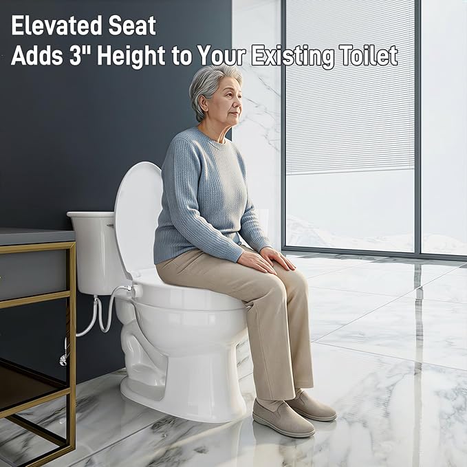 BIGCOW Raised Toilet Seat with Bidet - Elongated, Soft Close, 3" Height - Dual Nozzle (Frontal & Rear Wash) with Adjustable Cold Water Pressure and Stainless Steel Inlet (Elongated)