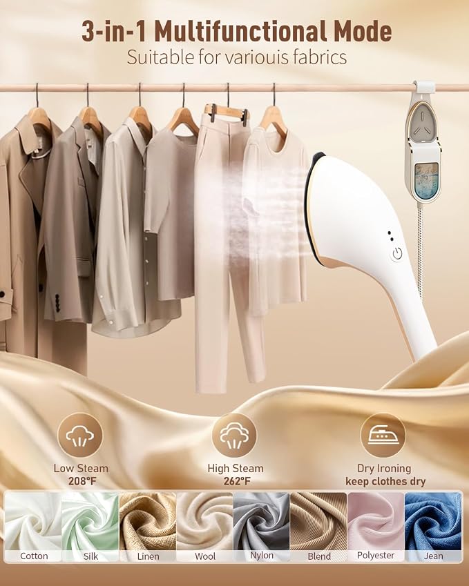 3-in-1 Steamer for Clothes, 1500W Leak-Proof, 330ml | 1500W, 30s Fast Heat-Up, Includes Heat-Resistant Glove & Brush, For Home & Closet Use, 120V