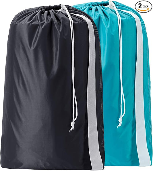 HOMEST 2 Pack XL Nylon Laundry Bag with Strap, Large Dirty Clothes Organizer, Easy Fit a Laundry Hamper or Basket, Can Carry Up to 4 Loads of Laundry, Black and Sky Blue | Heavy-duty nylon material supports bulky garments and daily transport between ba...