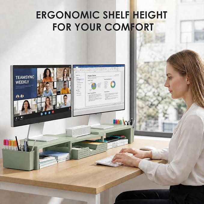 OPNICE Desk Organizers and Accessories, Dual Monitor Stand Riser with Drawer and 2 Pen Holders, Desk Shelf Computer Monitor Stand for Office Workspace Organizers, Desktop Organization (Green)
