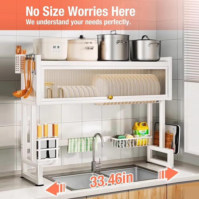 Hdrriozu Over the Sink 3 Tier Dish Drying Rack with Cover, Milkshake White | Rust resistant built last. Easy install simple tools. Holds dishes glasses bowls. Space saving over sink tidy kitchen.