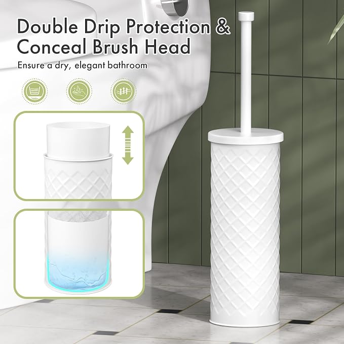Toilet Bowl Brush and Holder Set 3 Pack with 6 Extra Brush Heads | Extra Long Handle with Splash Guard Cover, Tool-Free Installation, Bathroom Space-Saving, Cleaner Sets for Apartments, RV (White)