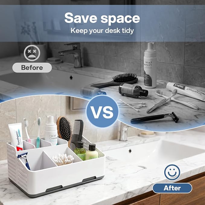 TQRR Bathroom Countertop Organizer -6 Slots Drain Tray Toothbrush Holders | Cord Hole Electric Toothbrush and Toothpaste Holder, Vents, Anti-Slip Base Vanity Storage for Bathroom Sink Accessories Grey