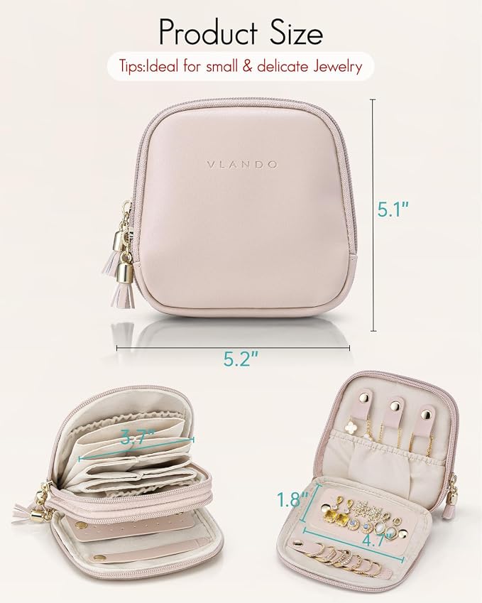 VLANDO 2-Layer Travel Jewelry Organizer for Rings,Earrings,Necklaces | Soft Velvet-Lined Storage with Divided Sections,Giftable Organizer for Summer Trips,Bridesmaids,Daily Use, Apricot Pink