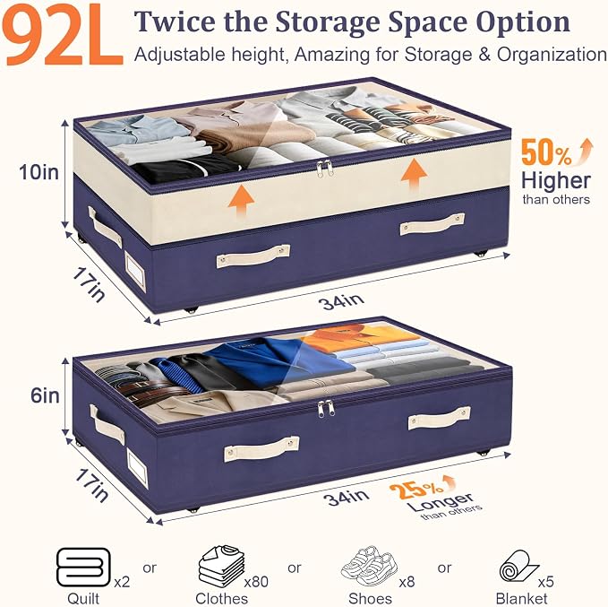 Dolicer 2 Pack Under Bed Storage with Wheels, 6in-10in Height Adjustable Underbed Storage Containers, 92L XXXL Under Bed Drawers Rolling Bin with Clear Lids for Dorm Shoes Clothes Organizers(Blue)