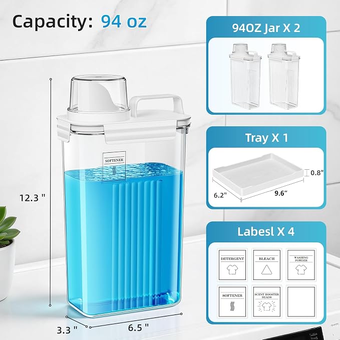 94oz Laundry Detergent Dispenser Container,Soap Dispenser,White Tray,2 Pack | Fabric Softener Dispenser,Liquid Laundry Detergent Organizer for Laundry Room Organization