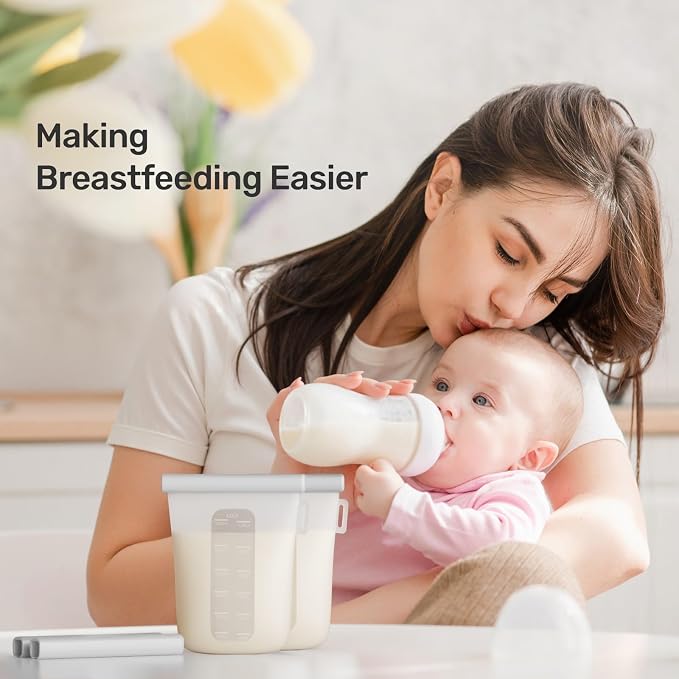 Nuliie 7 Pcs Reusable Silicone Breastmilk Storage Bags, 12oz/360ml Double Leak-Proof Breastmilk Freezer Bags, BPA Free Self-Standing Milk Bags for Breastfeeding, Baby Food Pouches
