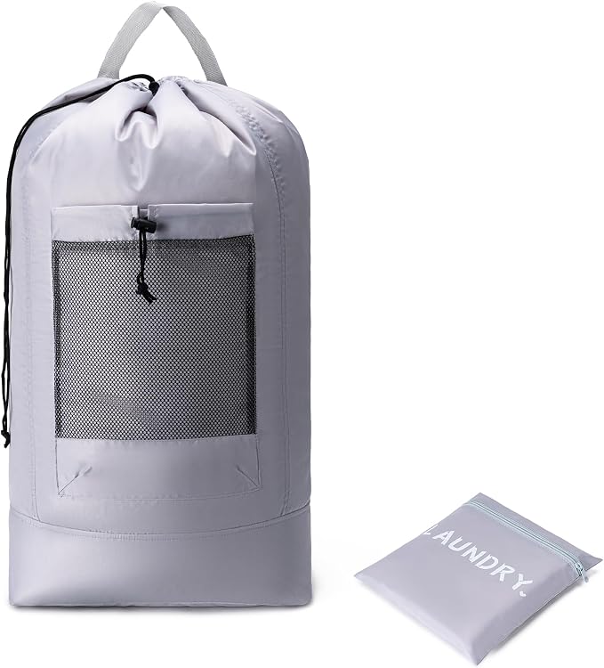 Backpack Laundry Bag,Large Travel Laundry Bags (Grey) | with Shoulder Straps and Mesh Pockets,Laundry Backpack with Drawstring Closure for College,Trave,Dorm, Apartment,Laundromat