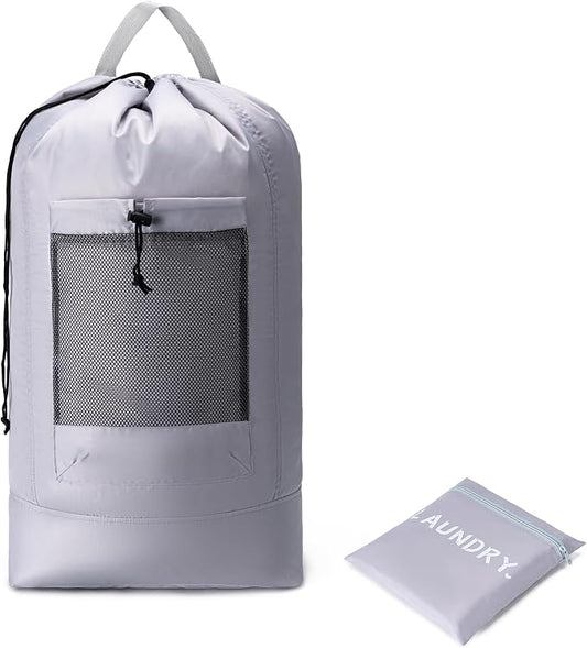 Backpack Laundry Bag,Large Travel Laundry Bags (Grey) | with Shoulder Straps and Mesh Pockets,Laundry Backpack with Drawstring Closure for College,Trave,Dorm, Apartment,Laundromat