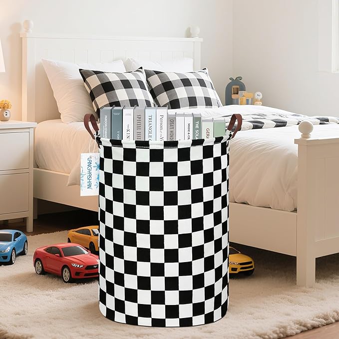 Round Laundry Basket Collapsible Boys Nursery Hamper Organizer Racing Flag | Waterproof Canvas Foldable Storage Bin Car Toy Bins Gift Baskets Bedroom Clothes for Home Play Bedroom Gift