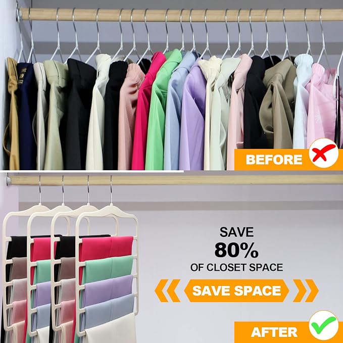 Closet Organizers and Storage, 5 Pack Velvet Pants-Hangers-Space-Saving | Non Silp 5 Tier Clothes-Hanger for College-Dorm-Room-Essentials, Closet-Storager for Jeans Scarf Hanger, Home Organization