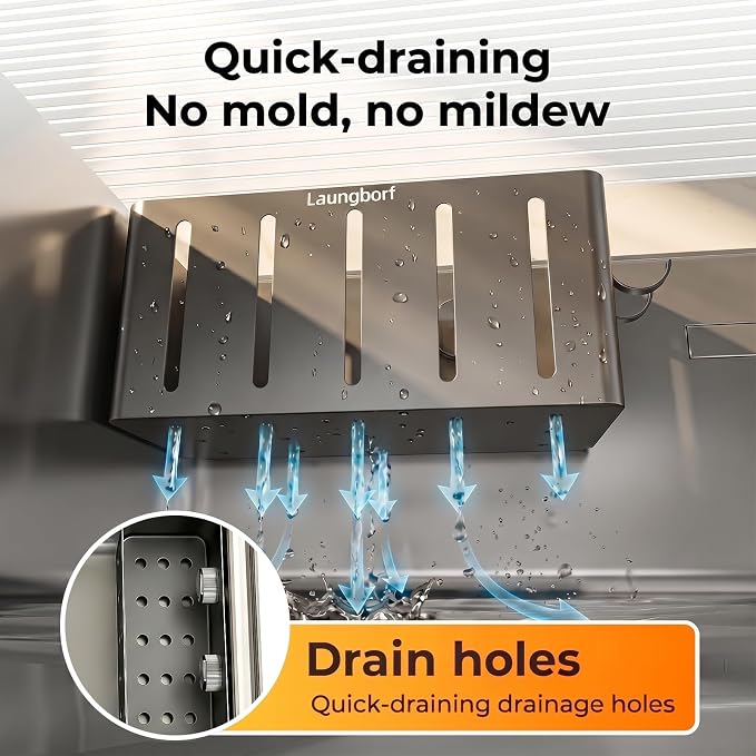 Kitchen Sink Sponge Holder – Adhesive No-Drill Sink Caddy – Laungborf – Rustproof Carbon Steel, Fast Drainage Holes, 2 Hooks & 4 Pads – Square for Flat Wall or Wide Ledge (Gray)