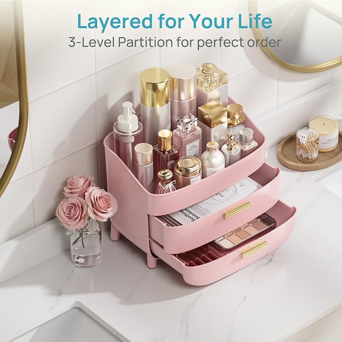Vtopmart 3-Tier Skincare Makeup Organizer, Pink | With Drawers, For Vanity and Bathroom Countertop, Large Cosmetic Storage Box Case for Dresser, With Non-Slip Base