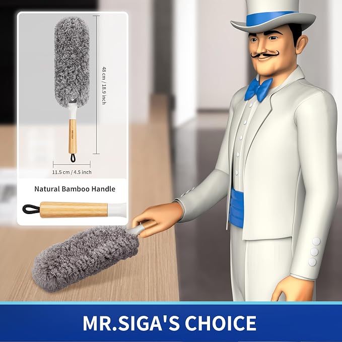 MR.SIGA Lint Free Microfiber Duster, Washable Duster for Household Cleaning | Microfiber hand duster, machine washable feather duster, dusters for cleaning, bamboo handle, replaceable head
