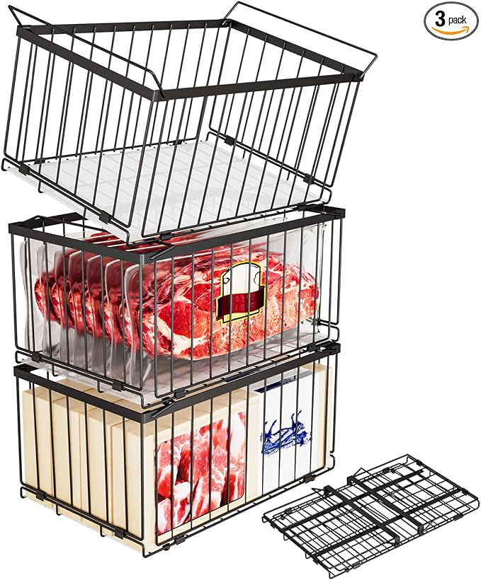 Large Freezer Organizer Bins, Upgrade Quick Expand/Collapse Feature, for 5-9 Cu.Ft Deep Freezer, 3 Pack Stackable Deep Freezer Organizer Bins, Black Wire Foldable Baskets (Black 3 Pack)