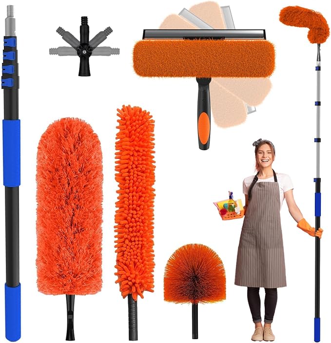 26 Foot High Reach Duster Kit with 5-20 ft Telescoping Extension Pole, High Ceiling Duster, Cobweb Duster, Window Squeegee, Feather Duster, Outdoor & Indoor Extendable Duster Cleaning Kit