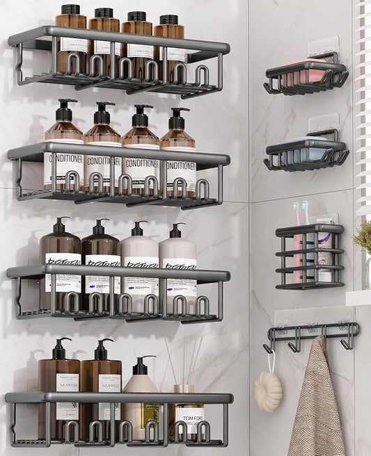 8 Pack Adhesive Rustproof Shower Caddy with Soap Dishes, Toothbrush Holder & Hooks, Large Capacity No-Drilling Shower Shelves Rack for Bathroom Organizers and Storage Accessories, Dark Gray