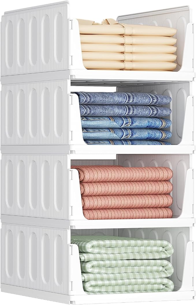 Lifewit 4 Pack Stackable Closet Organizers and Storage Basket for Clothes, Plastic Sweater Storage Bins for Wardrobe, Stacking Clothing Containers for RV, Pantry, Shelf, Kitchen, Dorm, 16.5" Depth | Extendable Plastic Organiser System for Cupboard & Sh...