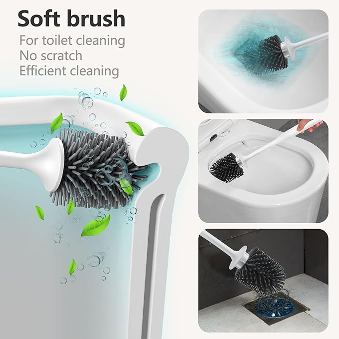 Silicone Toilet Brush Set for Bathroom Cleaner Brush Set,Non-Slip Handle with TPR Soft Bristle,Wall Mounted/Floor Standing,Toilet Scrubber Brush White and Turbo Drying