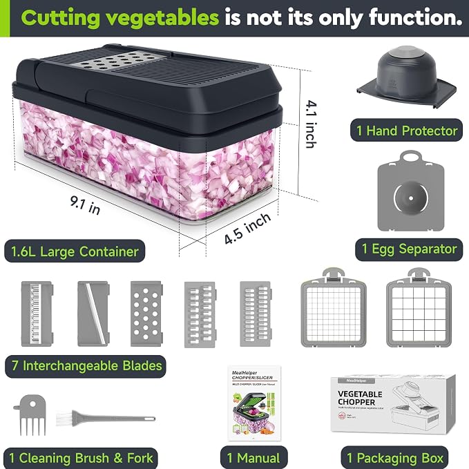 MealHelper 12-in-1 Vegetable Chopper, 7 Blade Veggie Chopper, Practical Food Chopper with Container, Cheese Grater, Home Essentials & Kitchen Gadgets(Grey)