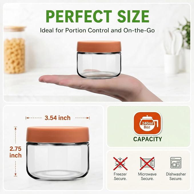 EONJOE 8 oz Small Glass Containers with Lids, Food Storage Jars, 6pk | Perfect for Chia Pudding Jam Snacks Yogurt Overnight Oats Candy ,Dishwasher safe,Airtight