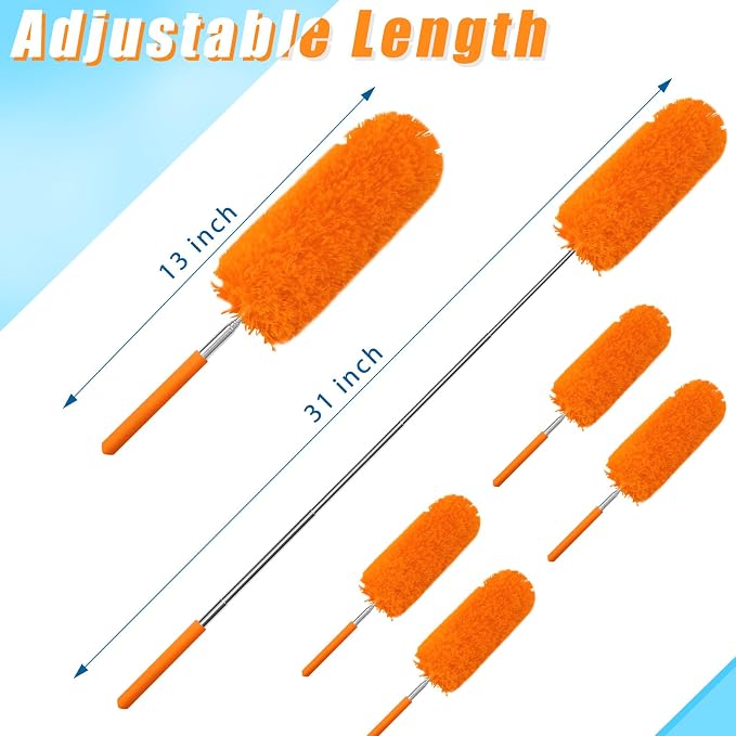 Tanlade 12 Pcs Microfiber Feather Duster for Cleaning, Extendable 13-31 Inch Ceiling Fan Duster with Bendable Head, Washable Tools for Ceiling Fans, Furniture, Car, Cobwebs (Orange)