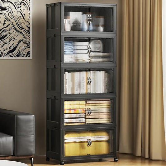 SAILUN 81Gal/325Qt Stackable Storage Bins Folding Collapsible Storage Bins with Lid, Closet Organizers and Storage Box with Door Black 22" W x 13" D x 62" H