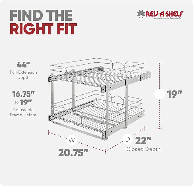 Rev-A-Shelf 2-Tier Pullout Shelf and Drawer Organizer for Kitchen Cabinets, Slide Out Storage Basket, Min Opening Width of 20.5", 21" x 22", 5WB2-2122CR-1