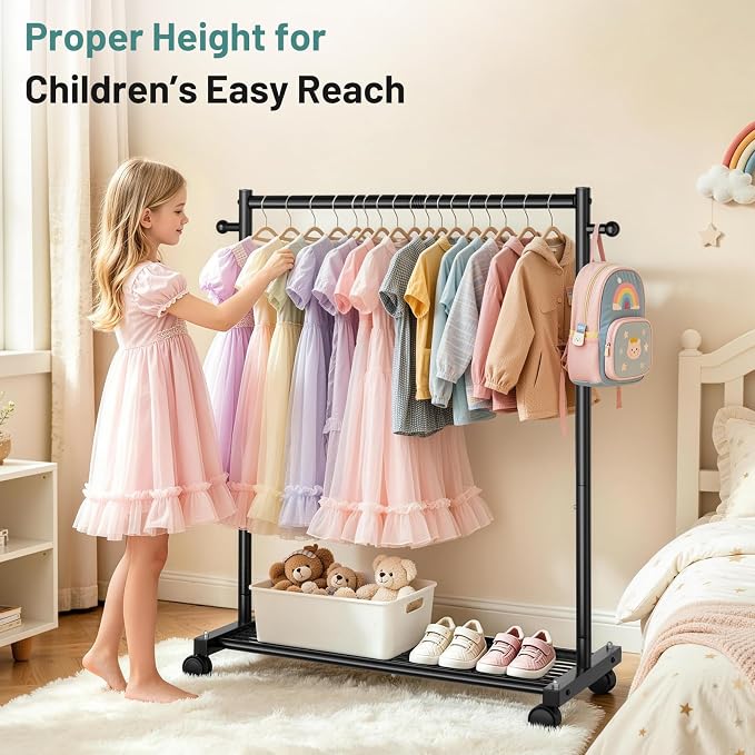 AOODA Short Clothing Rack for Hanging Clothes, Metal Small Clothes racks With Shelves, Heavy Duty Rolling Garment Racks on Wheels for Closet, Wardrobe (Black)