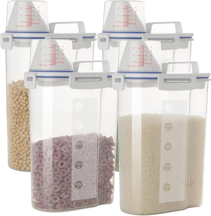 5.5 Lbs Rice Airtight Dry Food Storage Container Set of 4, Rice Storage Bin Cereal Containers Dispenser, Thicken Plastic Clear Food Storage Box with Pouring Spout, Measring Cup for Grain, Flour Snacks | BPA Free, Airtight Lid, with Pouring Spout, Clear...