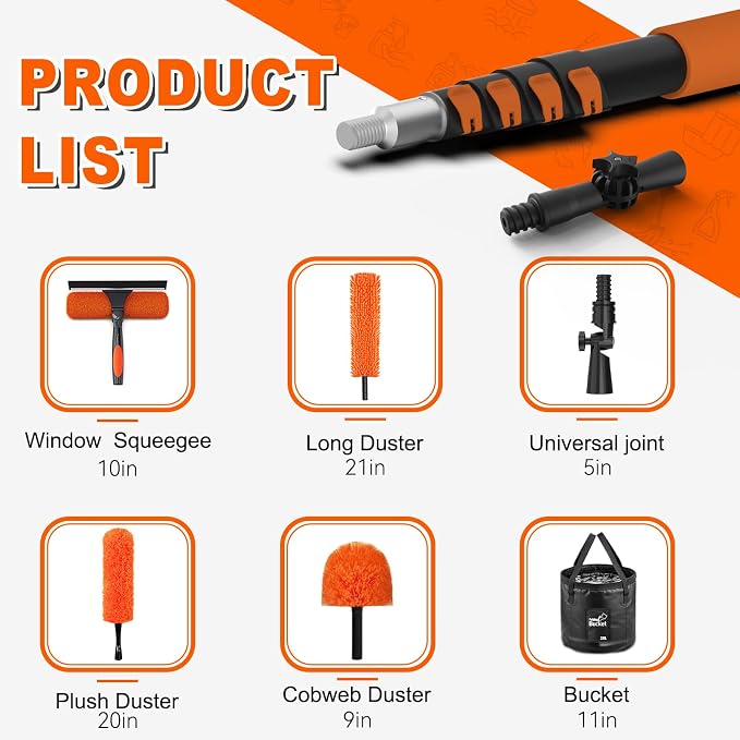 SISUPASSIE 26FT Reach High Ceiling Duster Kit, Window Cleaning kit with 5-20FT Extension Pole, Fan Duster for Ceiling Fan Blades, Microfiber Feather Duster, Window Squeegee, Bucket and Cobweb Duster
