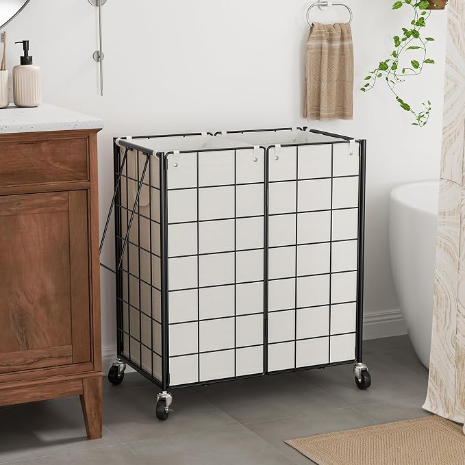 WOWLIVE Double Laundry Hamper with Wheels, Metal Rolling Laundry Basket | Wire Frame Hamper with 2 Removable Bags, 120L Dirty Clothes Hamper Organizer Dorm Room Storage for Bedroom, Black and White