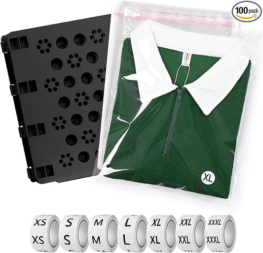 BoxLegend V3 Shirt Folding Board with 11"x14" Shirt Bags & 7 Size Stickers | All in one kit, Perfect folds every time, Professional packaging, Perfect for small businesses