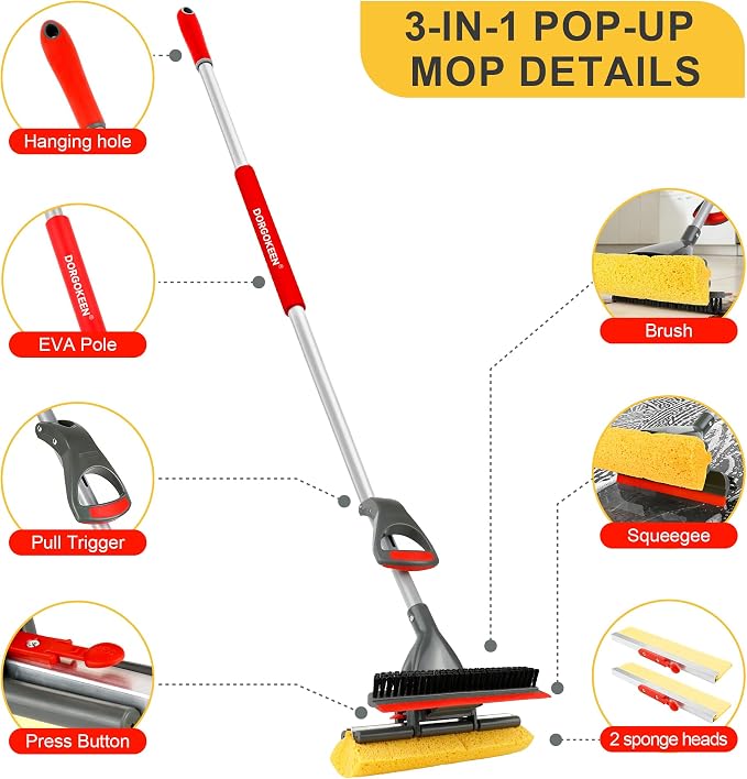 Pop-up Sponge Mop for Floor Cleaning, Home Commercial Cellulose Sponge Roller Mop with 2 Refill Heads, Includes Squeegee and Brush for Hardwood Tile Concrete Bathroom Kitchen Wall Ceiling