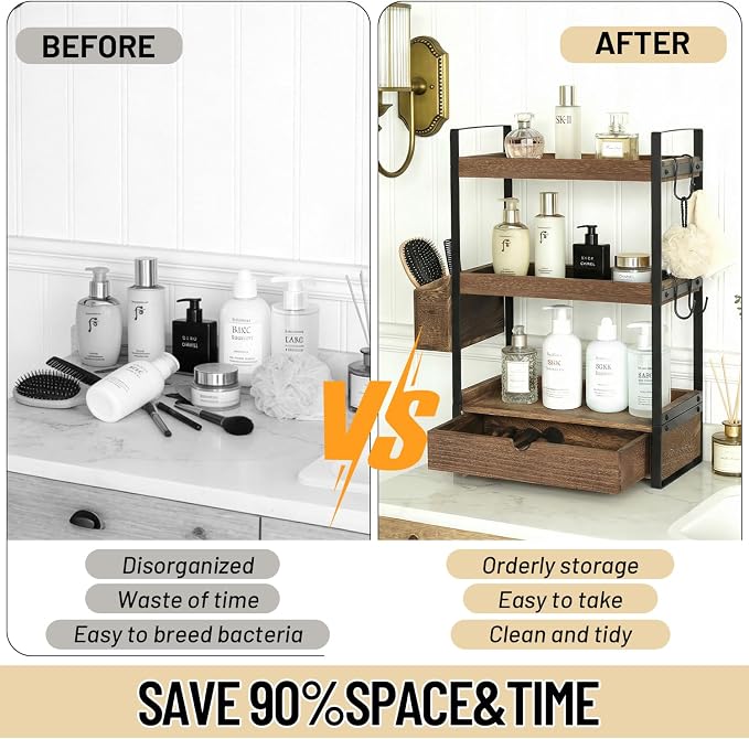 3-Tier Bathroom Counter Organizer with Drawer Basket and Hooks, Wood Bathroom Organizers and Storage for Countertop, Farmhouse Dark Brown Countertop Organizer, Counter Shelf for Vanity, Kitchen,Office