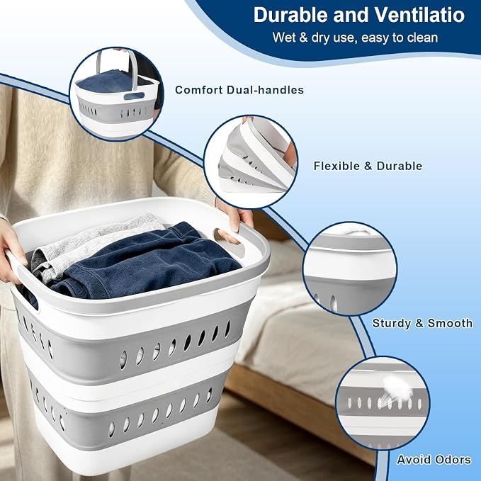 46L/12 Gal Collapsible Laundry Baskets, Foldable Hamper with Handles, Plastic Pop Up Storage Container for Laundry, Home, Dorm, Travel - Gray/White, Set of 2