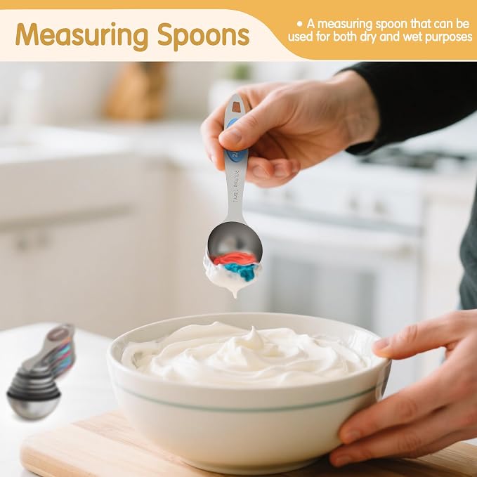 Magnetic Measuring Cups and Spoons Set, 5 Stainless Steel Measuring Cups, 7 Magnetic Measuring Spoons & 1 Leveler, 3 Plastic Measuring Cup with 1 Measuring Conversion Chart