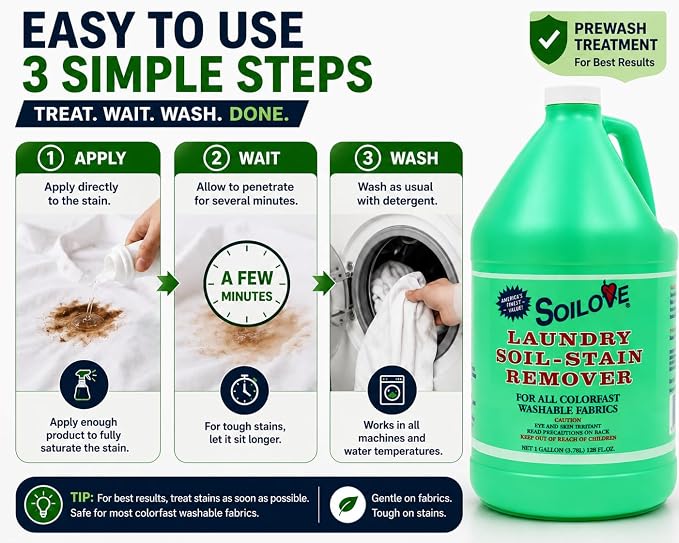 Soilove Stain Remover for Clothes, 128 oz Triple-Acting Laundry Prewash, Clings, Penetrates & Lifts Tough Stains Including Blood, Grease, Grass, Food, Coffee & Wine