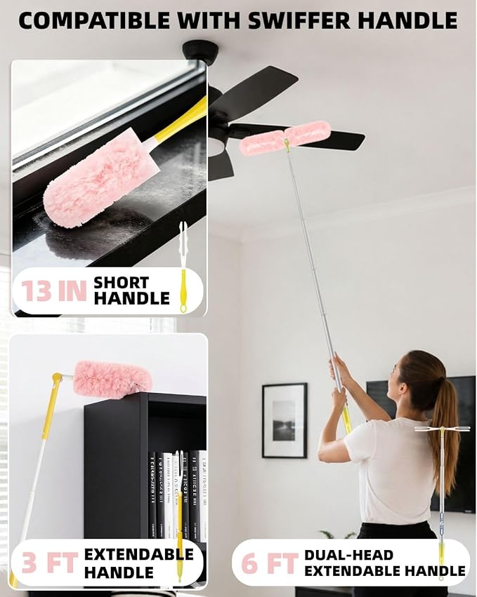 Duster Refills for Swiffer Duster, 30 Count Pink Duster Kit with Handle | 2 Sided 360° Heavy Duty Duster Refills, 5X Microfibers Trap Dust, Disposable Heavy Duty Dusters for Home, Office Cleaning