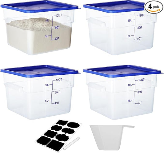 BIEAMA 4 Pack Food Storage Containers, 12 Quart with Lids, Square Commercial Containers with Scale, NSF, Polycarbonate, Clear