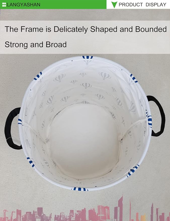 Round Laundry Basket Collapsible Storage Hamper Blue Balloon | Waterproof Canvas Foldable Baskets with sturdy Handles Multi-scene Organizer for Home Play Bedroom Gift Bin
