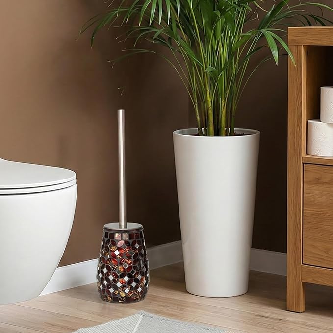 Handmade Mosaic Toilet Brush and Holder Set, Decorative Brown Glass Toilet Bowl Brush with Stainless Steel Handle, Luxury Bathroom Accessories Set, Mosaic Bathroom Decor, Weighted Base