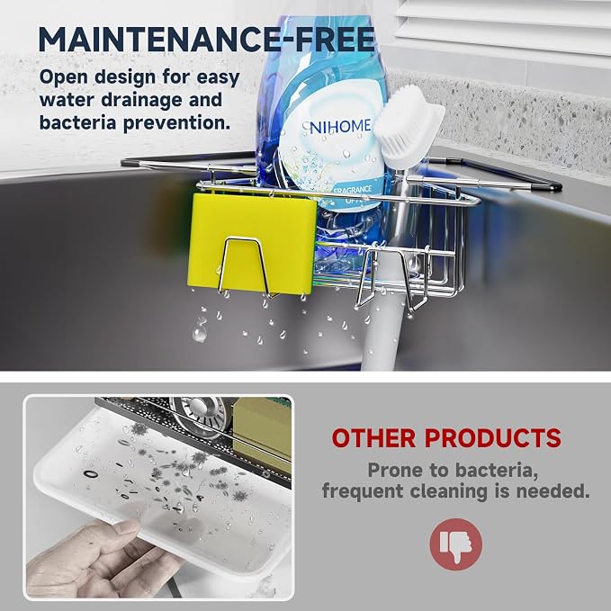 NiHome Extendable Arm Stainless Steel Kitchen Sink Corner Caddy, Easy Install Space-Saving Adjustable Sponge Holder for Most Square Standard Sinks, Non-Slip Rust-Resistant for Brushes, Soap, Sponges